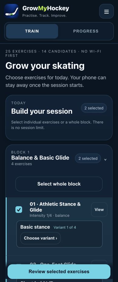 GrowMyHockey training preview with Athletic Stance and Glide selected.
